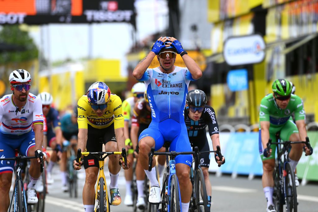 SONDERBORG DENMARK JULY 03 Dylan Groenewegen of Netherlands and Team BikeExchange Jayco celebrates at finish line as stage winner ahead of Wout Van Aert of Belgium and Team Jumbo Visma Yellow Leader Jersey Peter Sagan of Slovakia and Team Total Energies Alberto Dainese of Italy and Team DSM and Fabio Jakobsen of Netherlands and QuickStep Alpha Vinyl Team Green Points Jersey during the 109th Tour de France 2022 Stage 3 a 182km stage from Vejle to Snderborg TDF2022 WorldTour on July 03 2022 in Sonderborg Denmark Photo by Tim de WaeleGetty Images