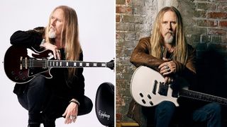  Jerry Cantrell holding his two Epiphone signature Les Paul guitars