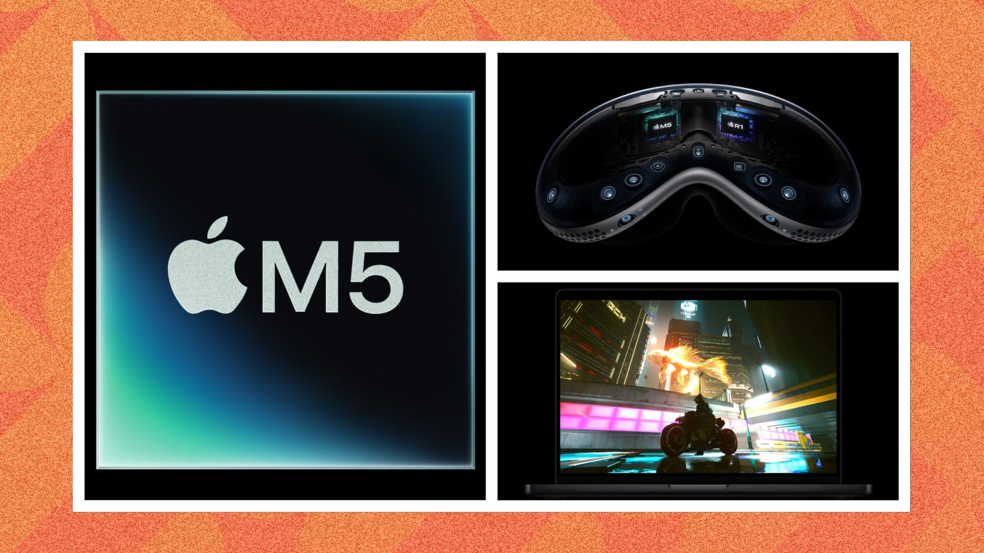 Apple M5 products including a MacBook and the Vision Quest Pro 