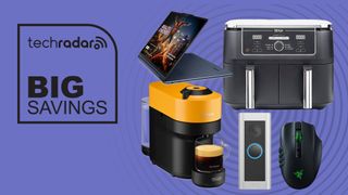 Nespresso Vertuo Pop, Yogi 9i, Razer Zaga Pro, Ninja XXXL air fryer and Ring Doorbell Pro on purple background