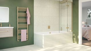 shower over bath with green wall