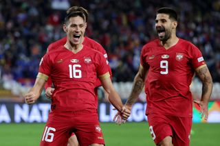 Sasa Lukic of Serbia celebrates after scoring their team's fourth goal during the UEFA Nations League League B Group 4 match between Serbia and Sweden at Stadion Rajko Mitic on September 24, 2022 in Belgrade, Serbia.