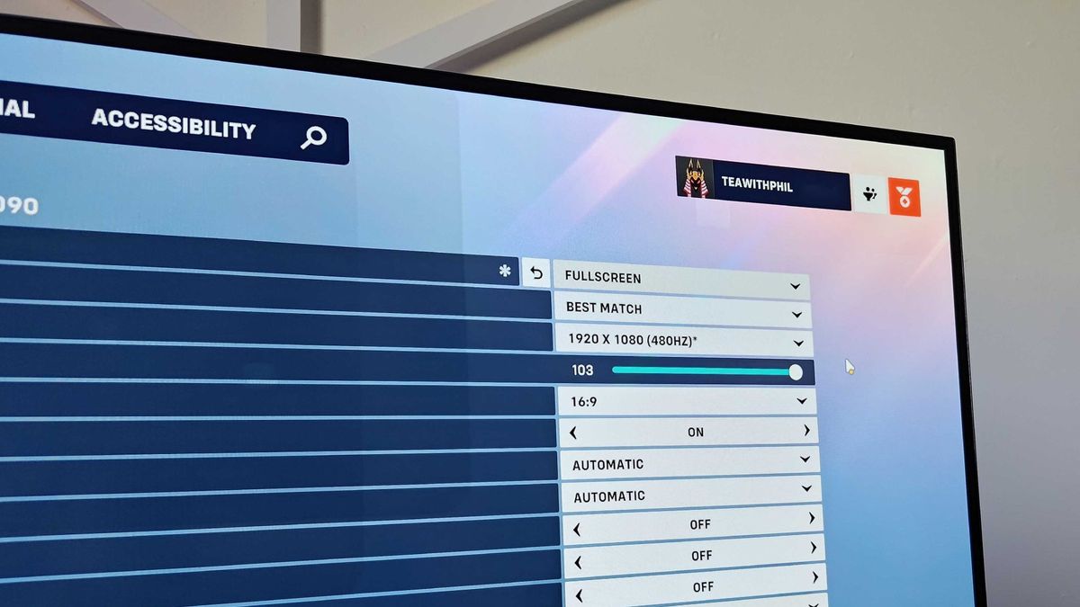 Close up of LG UltraGear 32GS95UE-B with Overwactch 2 settings menu on screen and 1080p 480Hz resolution selected
