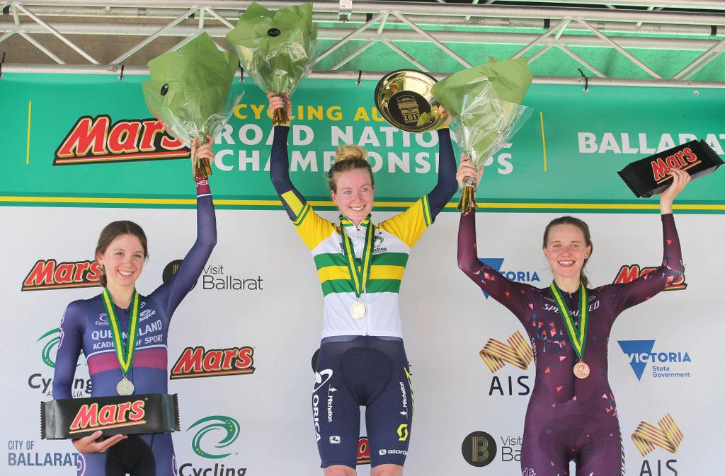 Alex Manly (Orica-Scott) on top of the U23 women's time trial podium