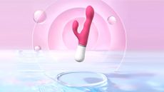 Lovense Nora rabbit vibrator against a pastel background, Lovense Nora review