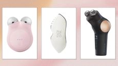 A selection of the best facial massaging tools to gift from NuFace, FaceGym and TheraFace in a pink and orange gradient template