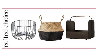 Best storage baskets graphic: Global Explorer Black Wire Basket, All Modern Seagrass Basket, Amara OYOY Maki Basket 