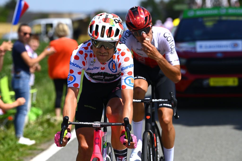 CALAIS FRANCE JULY 05 LR Magnus Cort Nielsen of Denmark and Team EF Education Easypost Polka Dot Mountain Jersey and Anthony Perez of France and Team Cofidis compete in the breakaway during the 109th Tour de France 2022 Stage 4 a 1715km stage from Dunkerque to Calais TDF2022 WorldTour on July 05 2022 in Calais France Photo by Tim de WaeleGetty Images