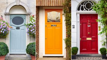 Images of blue, yellow and red doors side by side to demonstrate the best color for a front door
