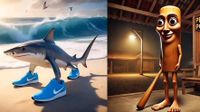Tralalero Tralala, an AI-generated shark standing on three legs in blue Nike trainers on a beach, and Tung Tung Tung Sahur, a wooden figure with human legs holding a bat 