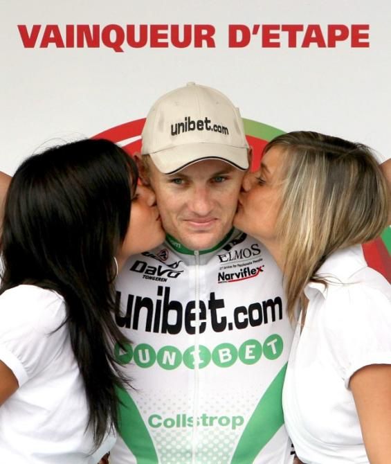 Baden Cooke (Unibet.com) celebrates on the podium after winning the 5th stage in the Tour of the Walloon Region in 2006
