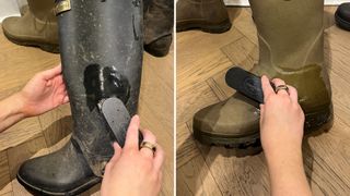 Caroline Parr cleaning two pairs of wellies