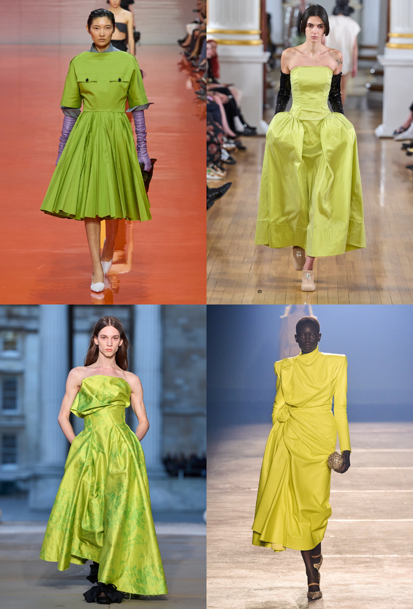 An image of the chartreuse colour trend on the spring/summer 2026 runways at Prada, Simone Rocha, Erdem and Mugler.