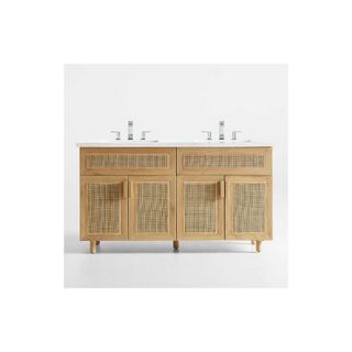 light oak and cane bathroom vanity with marble top