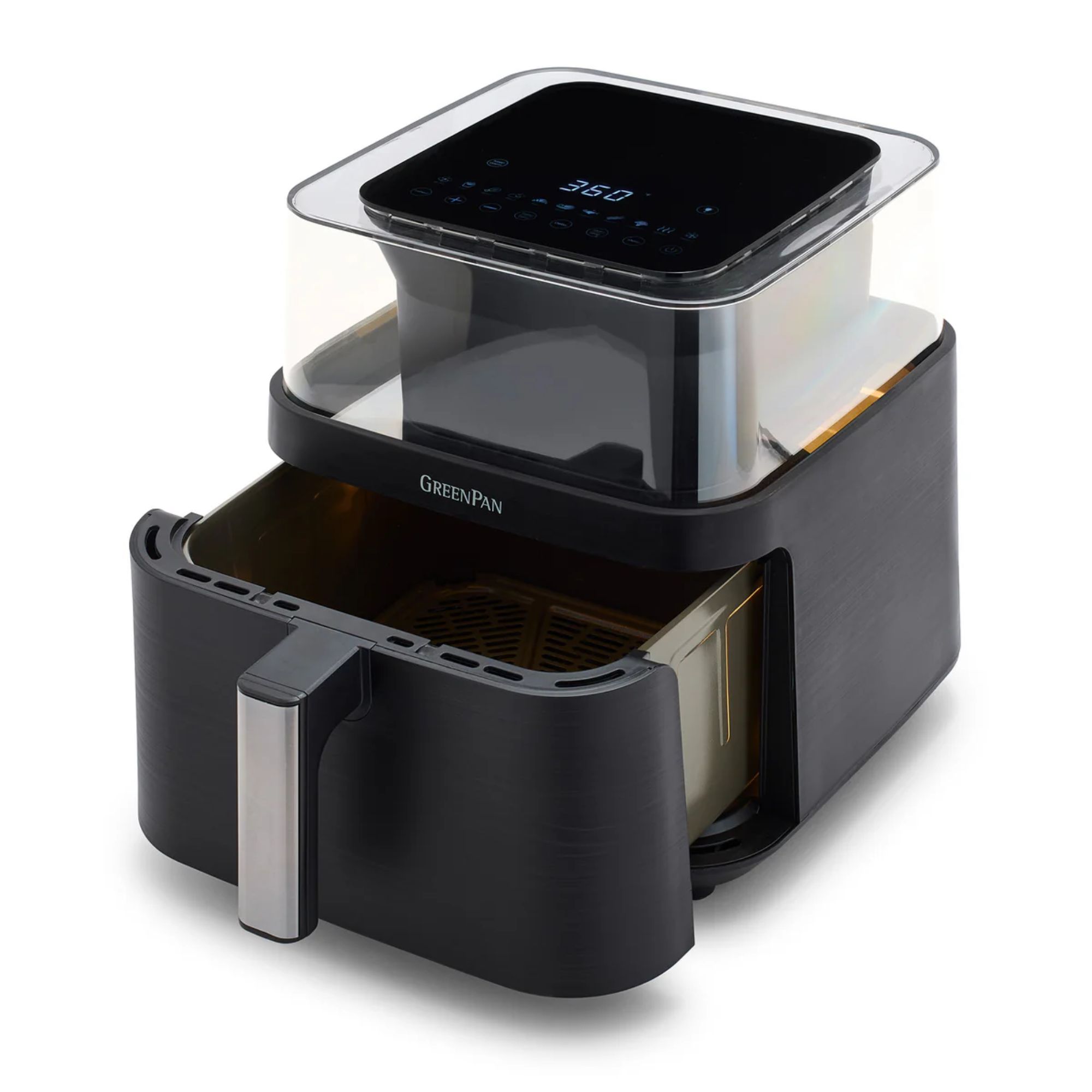 A black Bistro 7-Quart 360&amp;deg; Clear View Air Fryer on a white background