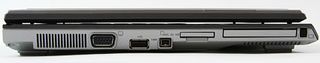 The left side of the unit, from left to right includes the external RGB monitor port, USB 2.0, IEEE 1394 (Firewire), SD media card slot and PC-Card slot.