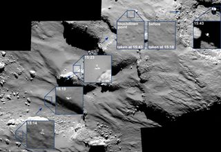 These images from the European Space Agency's Rosetta spacecraft show the approach of the Philae comet lander (insets) to Comet 67P/Churyumov–Gerasimenko on Nov. 12, 2015, including views of the probe's bounces on the surface.