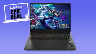 Black HP Omen 16 gaming laptop against a blue gradient background