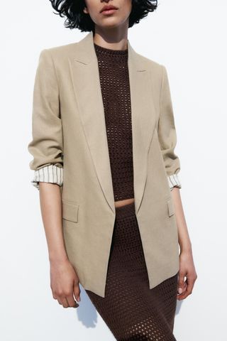 Linen Blend Roll-Up Sleeve Open Blazer