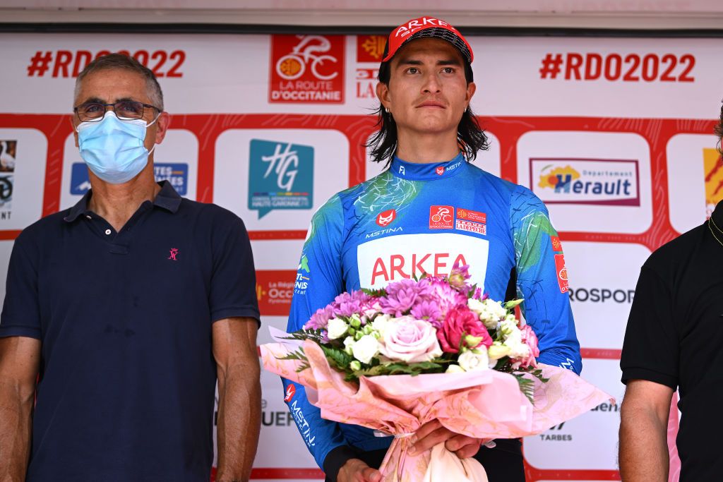 AUTERIVE FRANCE JUNE 19 LR Laurent Jalabert of France Ex Procyclist and Winner Anrew Anacona of Colombia and Team Team Arka Samsic Blue Mountain Jersey celebrate at podium during the 46th La Route dOccitanie La Depeche du Midi 2022 Stage 4 a 1883km stage from Les Angles to Auterive RDO2022 on June 19 2022 in Auterive France Photo by Dario BelingheriGetty Images