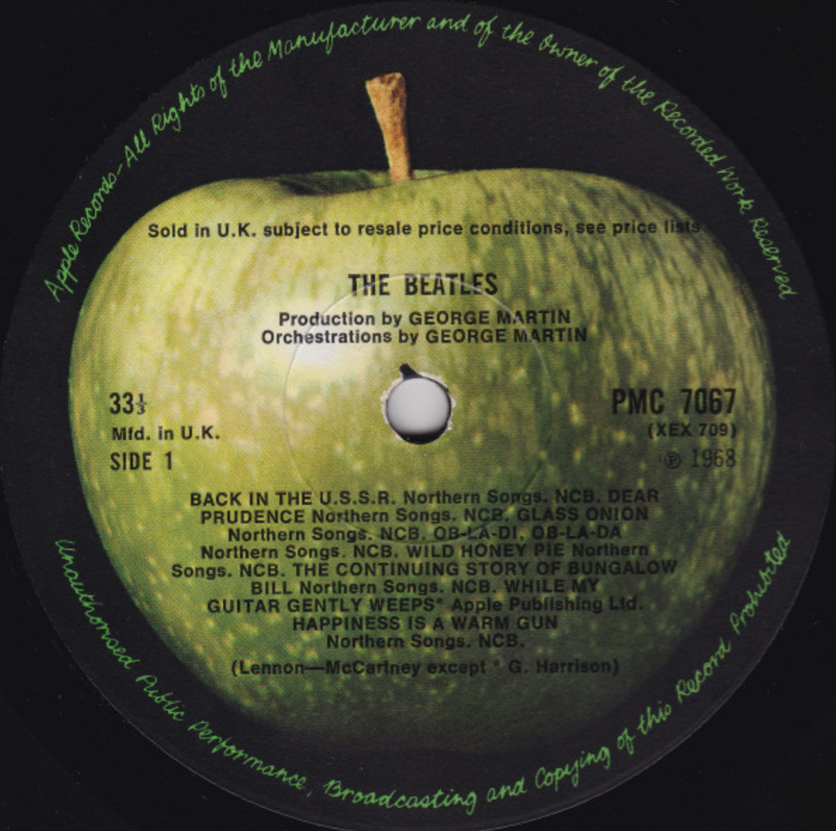 Green apple record label on The Beatles vinyl
