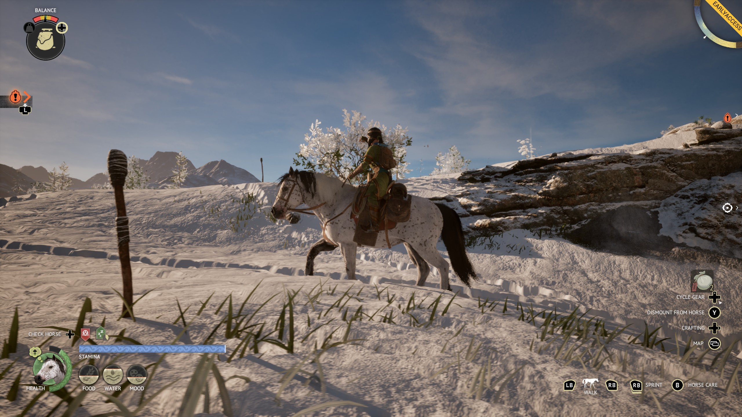 The Legend of Khiimori - Naara rides a grey horse through the snow up a mountain at sunset