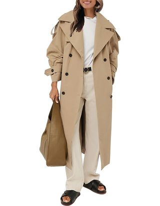 Farktop Womens Oversized Long Trench Coat Double Breasted Lapel Windproof Overcoat With Belt