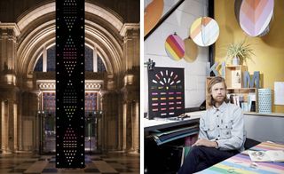 Two images. Left, double-sided monolith at the Victoria and Albert Museum. Right, a man sitting in an art studio.