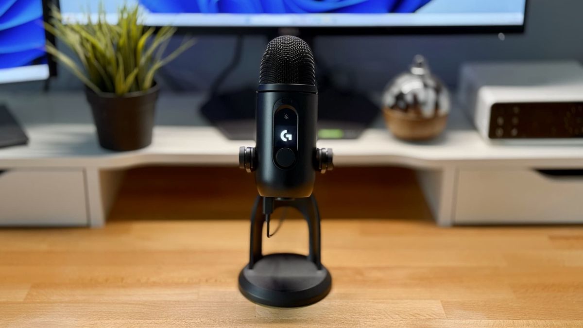 The Logitech Yeti 2 microphone on a desk.
