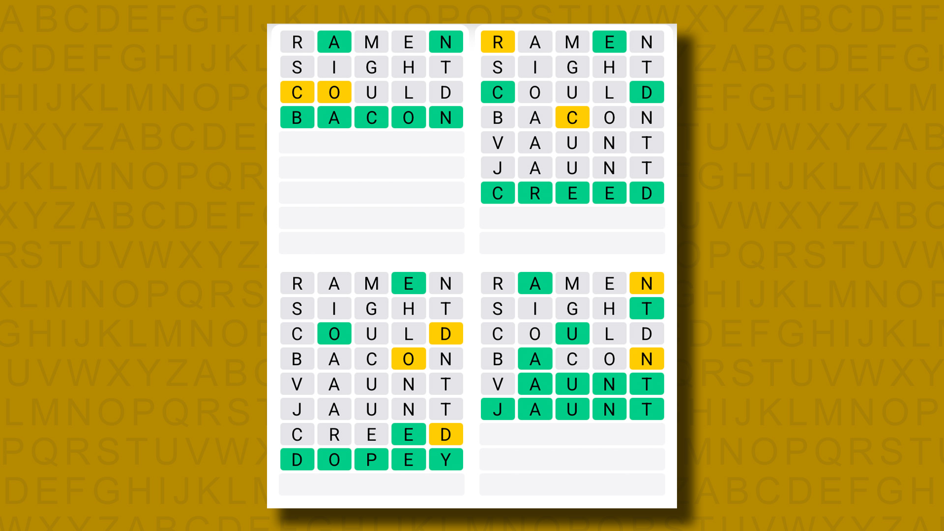 Quordle answers for game 1325 on a yellow background