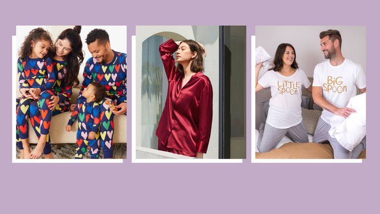 Best Valentine's Day pajamas of a family of models wearing heart pajamas, a model wearing claret silk pajamas and a couple wearing matching slogan pajamas