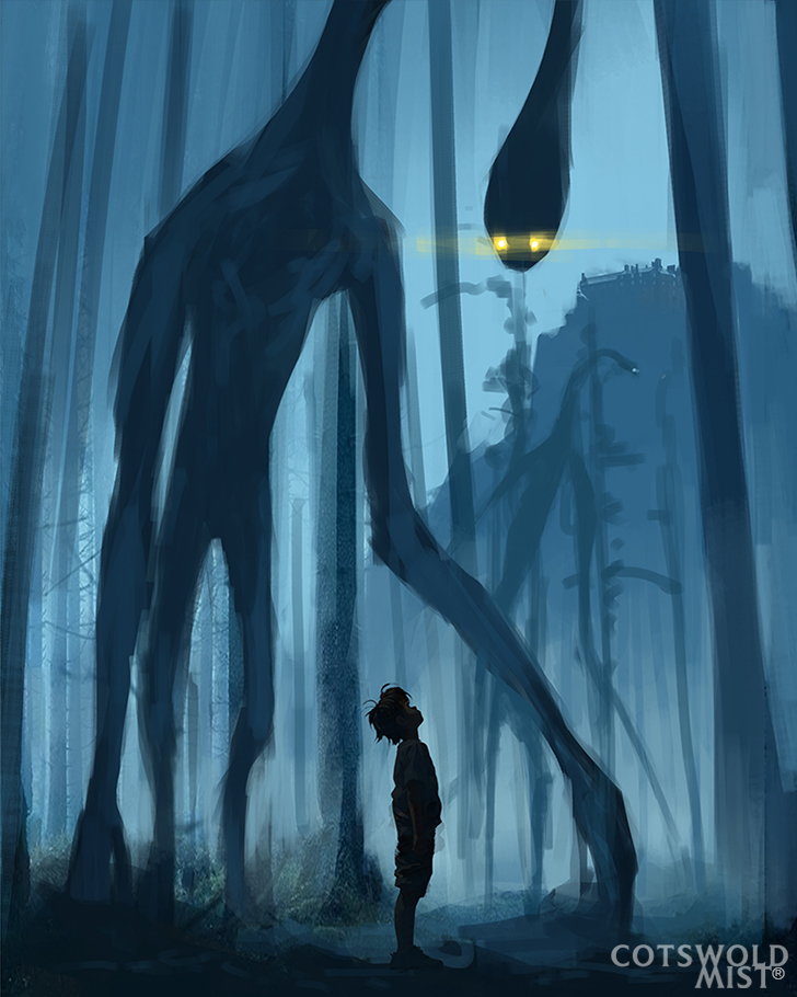 Cotswold Mist; a large monster looks down at a boy, they are stood in a misty wood
