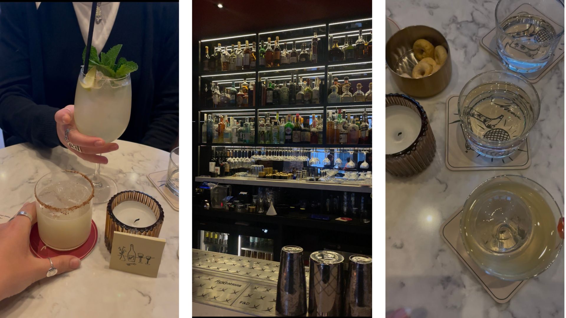 a trio of images showing the Limbo cocktail and the Milano Bossa cocktail. The middle image shows the bar, and the right hand image is another bird-eye shot of the table