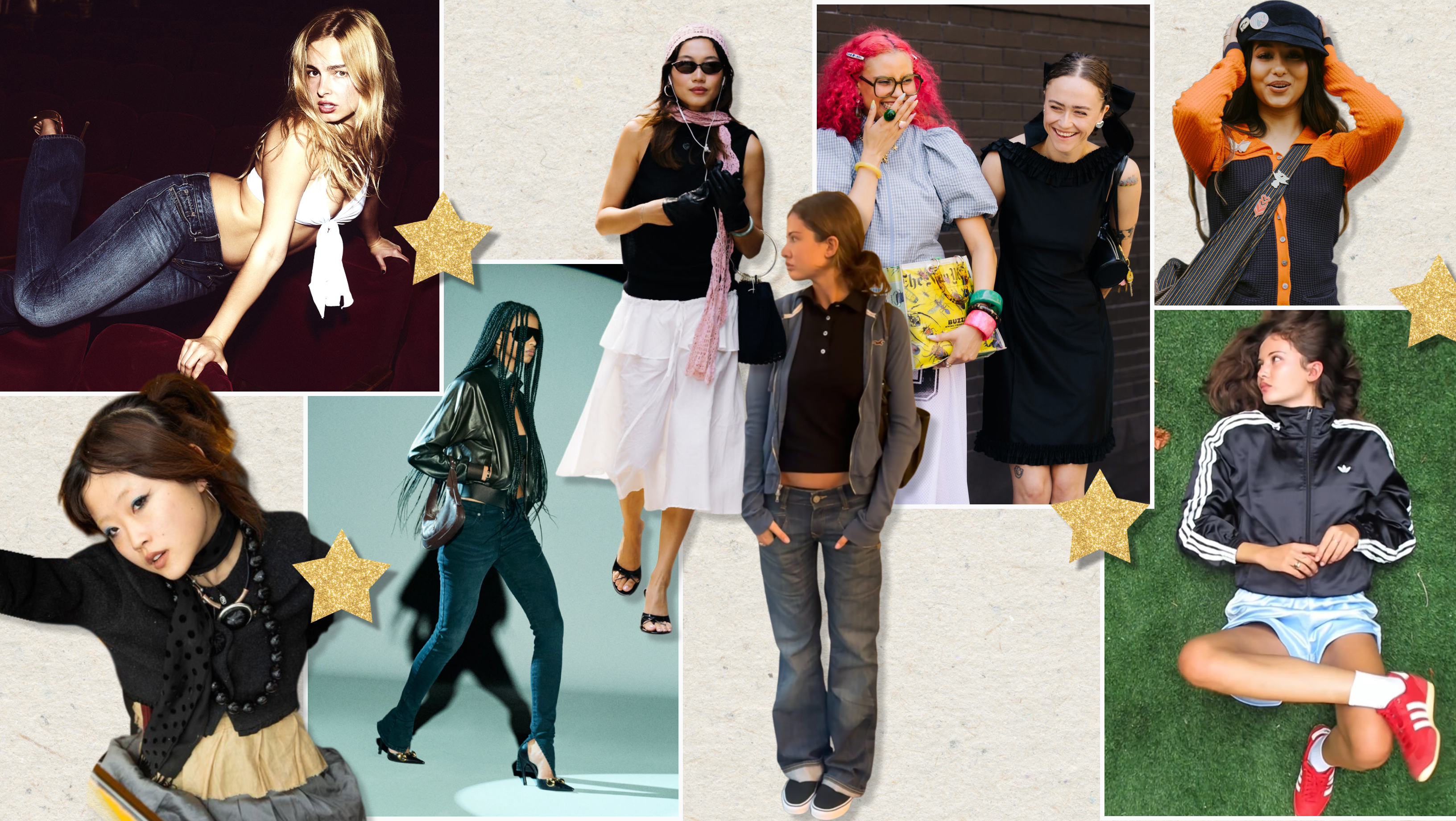 a collage of gen z fashion trends, featuring Lucky Brand x Addison Rae, Sarahbelle Kim, Gucci, women at fashion week, Ruby Lyn