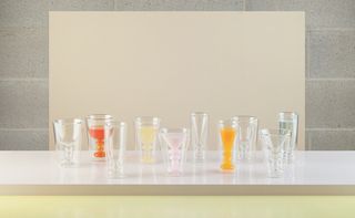 A row of cocktail glasses