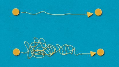 A straight yellow line compared with a squiggly line to depict easy vs difficult. 