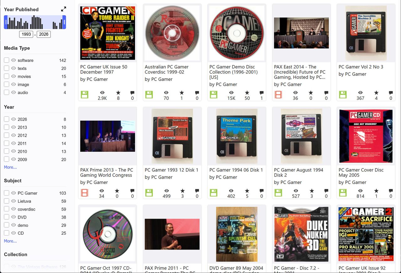 Sscreenshots showing just a few of the many cover disks on the Internet Archive
