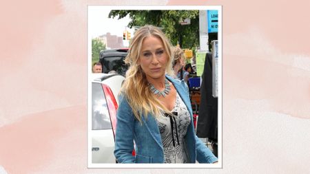 Sarah Jessica Parker wears her hair in a side ponytail with face-framing curls with neutral makeup and a glossy lip