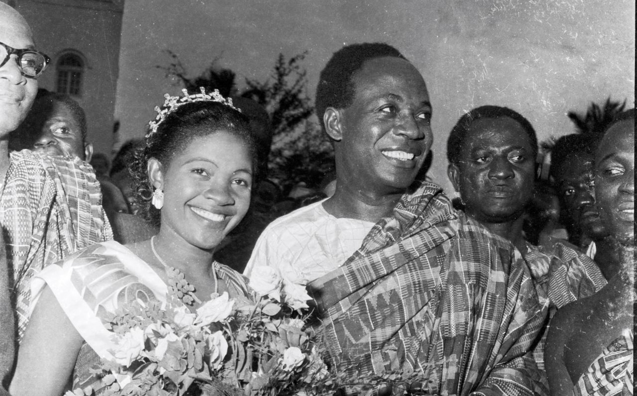 Black and white photo of smiling couple, part of JK Bruce-Vanderpuije exhibition at Efie Gallery