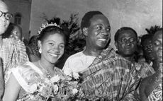 Black and white photo of smiling couple, part of JK Bruce-Vanderpuije exhibition at Efie Gallery