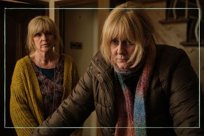 a still of Siobhan Finnerman and Sarah Lancashire sat at a dining room table in despair in Happy Valley season 3