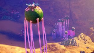 A cluster of stilt orbs with Necrolei Cysts atop them in Subnautica 2