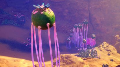 A cluster of stilt orbs with Necrolei Cysts atop them in Subnautica 2