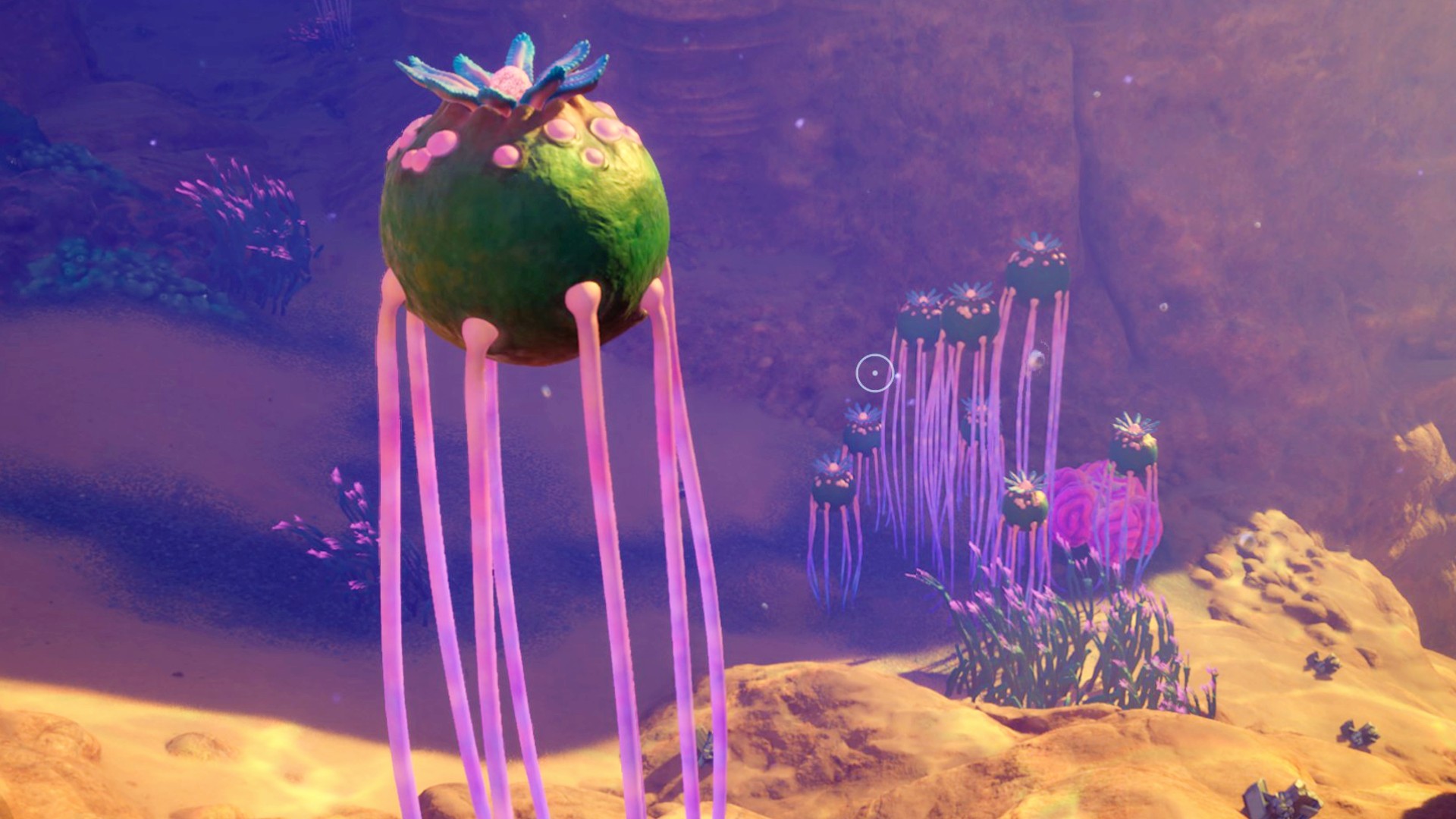 A cluster of stilt orbs with Necrolei Cysts atop them in Subnautica 2