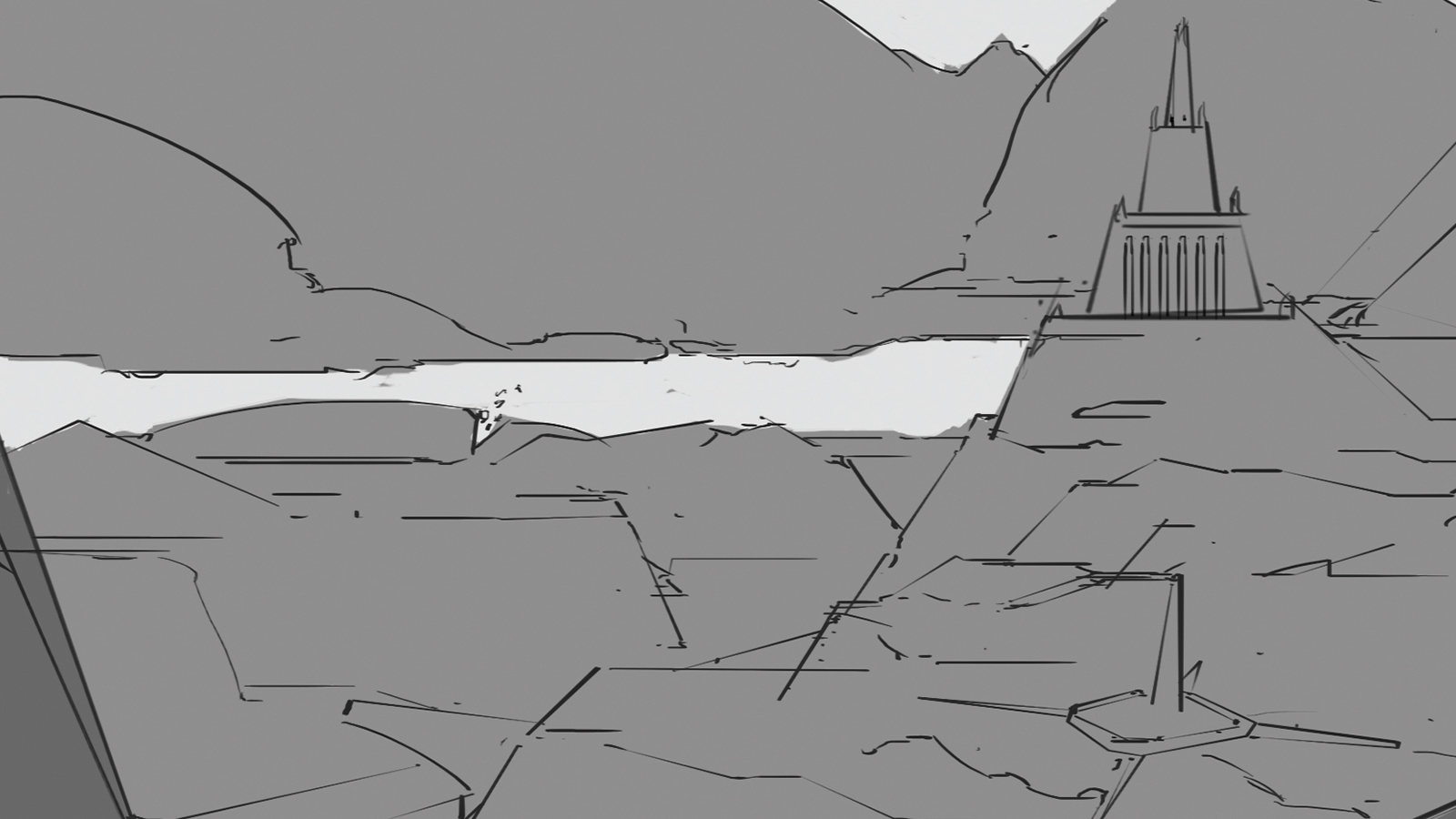 Sketches and 3D renders of a fantasy scene