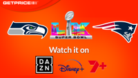Super Bowl LX logo, Seattle Seahawks logo, New England Patriots logo, DAZN logo, Disney+ logo and 7plus logo on an orange background with "Getprice" header.