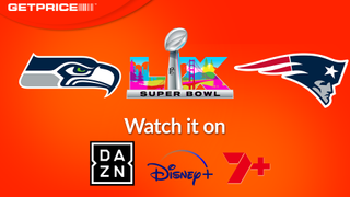 Super Bowl LX logo, Seattle Seahawks logo, New England Patriots logo, DAZN logo, Disney+ logo and 7plus logo on an orange background with "Getprice" header.