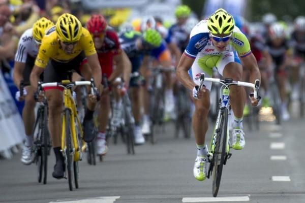 Peter Sagan (Liquigas-Cannondale) launches his sprint to win the Tour de France's opening road stage.