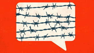 An illustration of a speech bubble filled with multiple rows of barbed wire on a textured red-orange background.