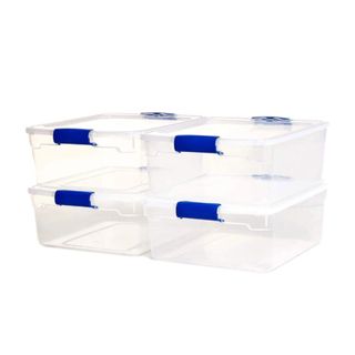 four transparent storage containers with blue closing clasps